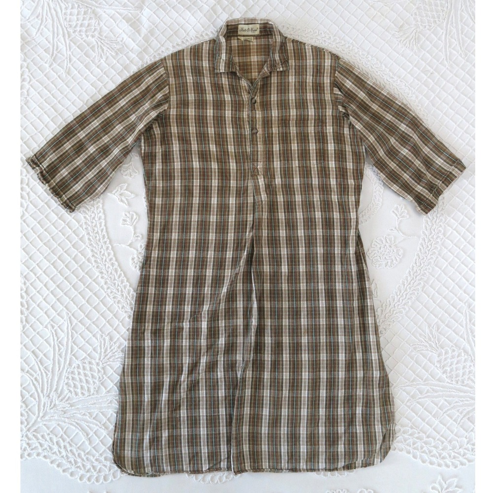 Vintage State of Maine Brown Plaid Cotton Nightshirt Nightgown Womens Medium